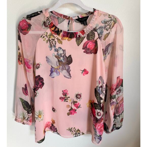 Ted Baker London Pink Floral Sheer Anina Blouse Size 0 (US Size 2) - Picture 1 of 8